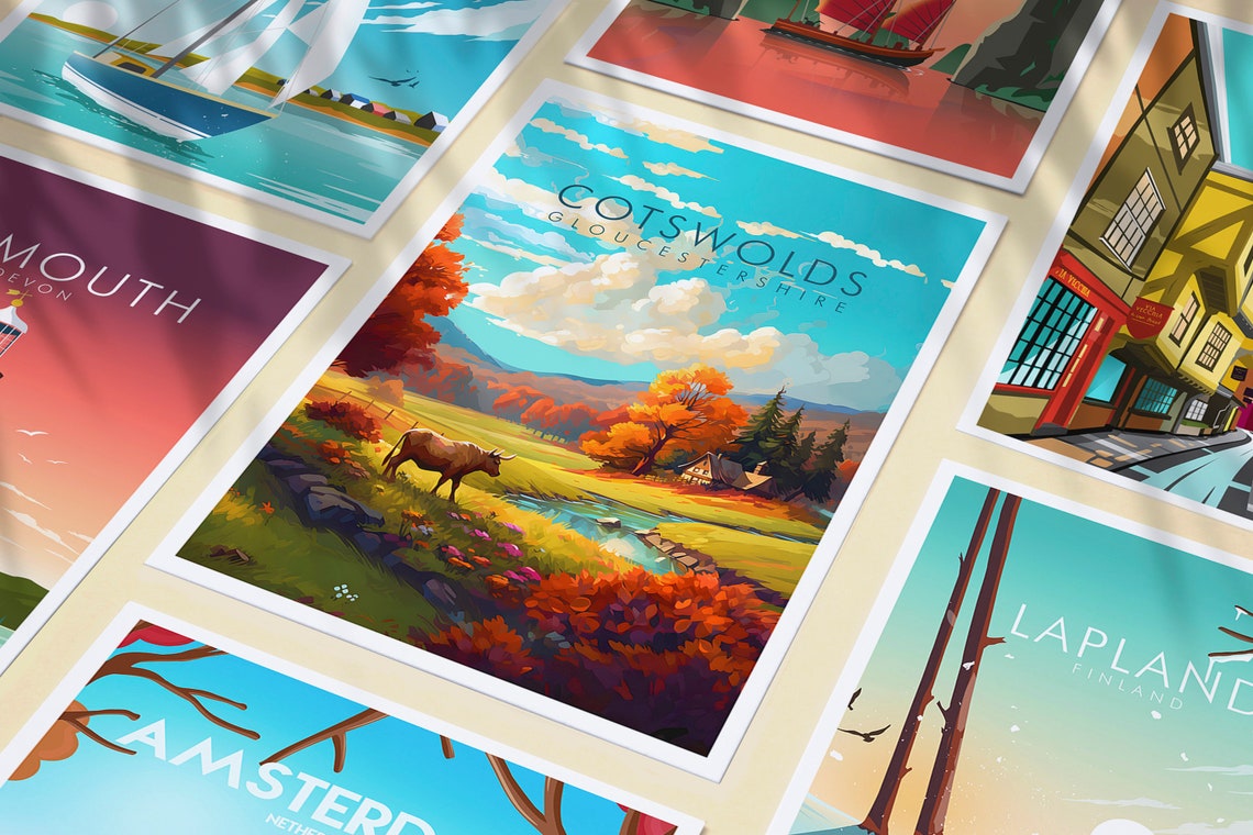 Cotswolds Gloucestershire Autumn Valley Cottage Stream Travel Poster - Image 3