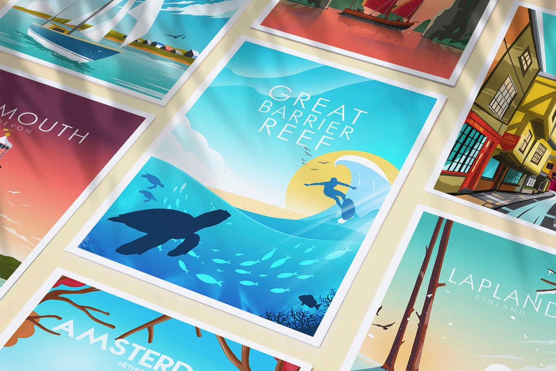 Great Barrier Reef Surfer Wave Sea Turtle Ocean Sunset Travel Poster - Image 3