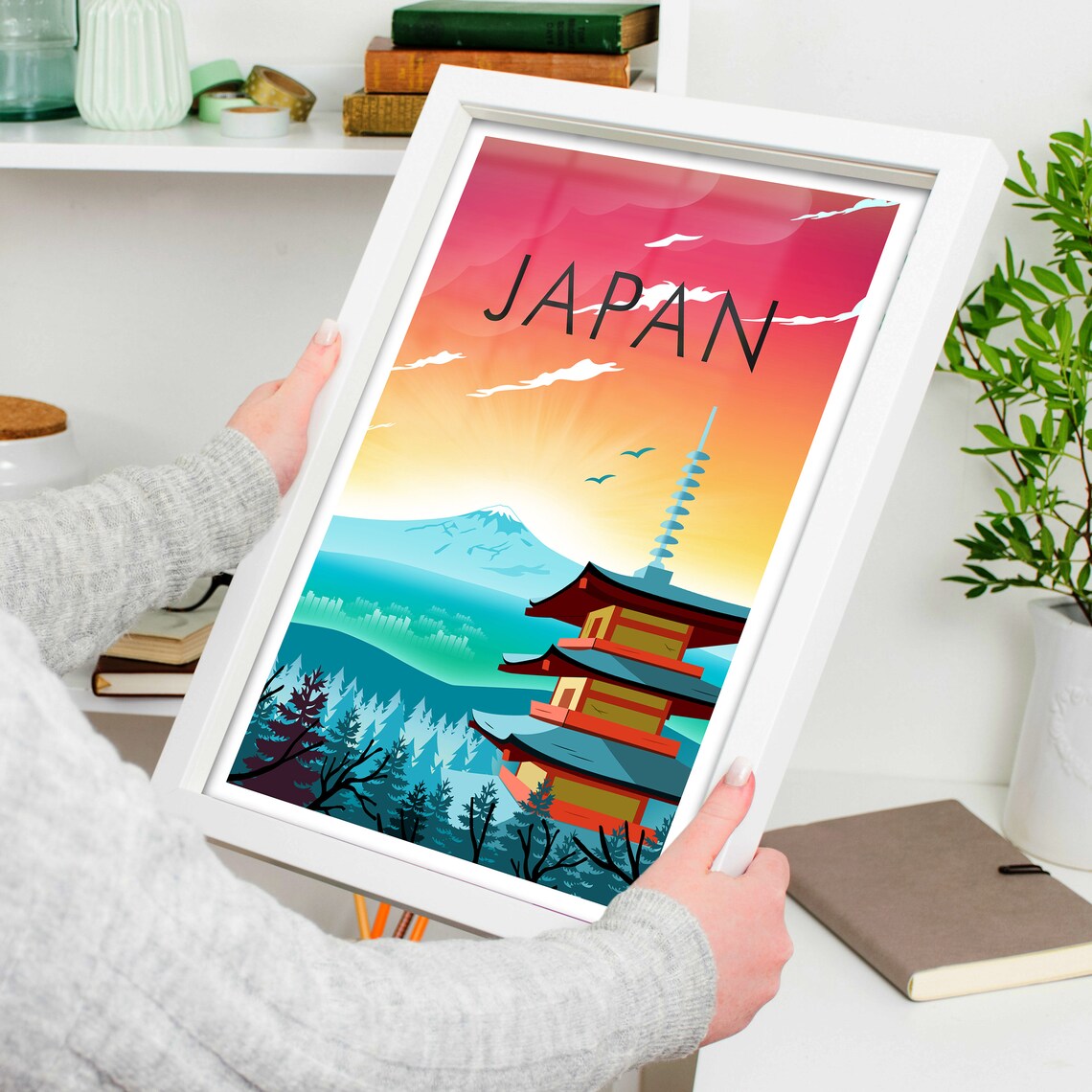 Japan Mount Fuji Pagoda Temple Sunset Colorful Sky Travel Poster - Image 4