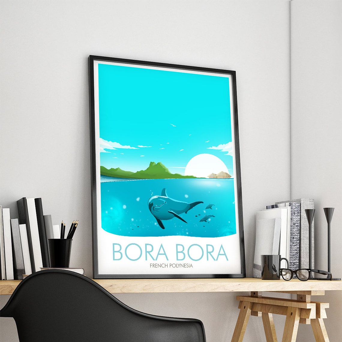 Bora Bora Dolphin Pod Tropical Island Lagoon Scene View Poster - Image 3