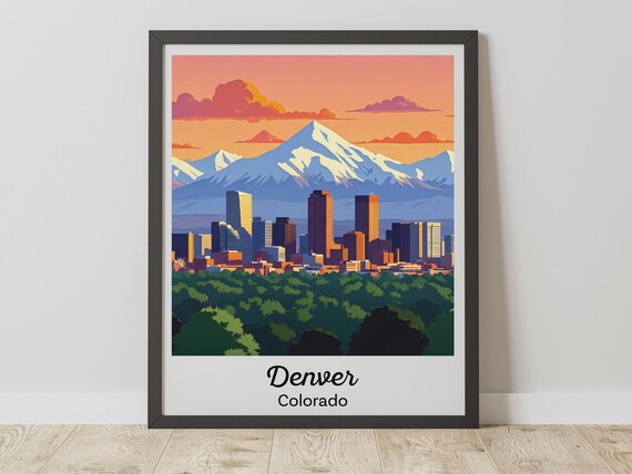 Denver Colorado Skyline Sunset Snowcapped Peaks Travel Poster