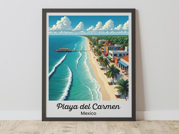Playa del Carmen Mexico Beach Pier Palms Vintage Travel Poster