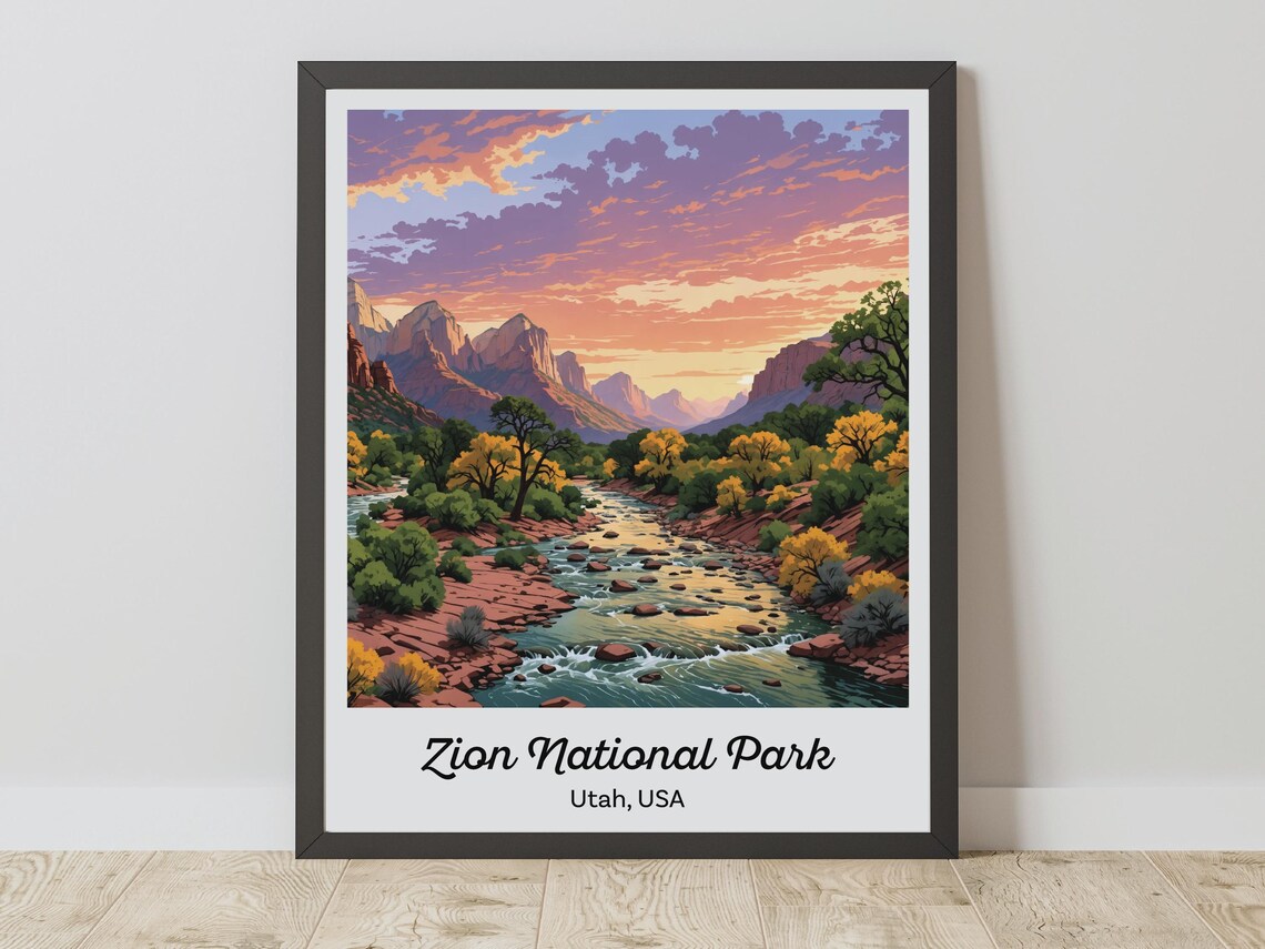 Zion National Park Utah Canyon River Sunset Landscape Travel Poster