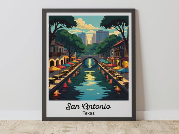 San Antonio River Walk, Vintage Cityscape Travel Poster
