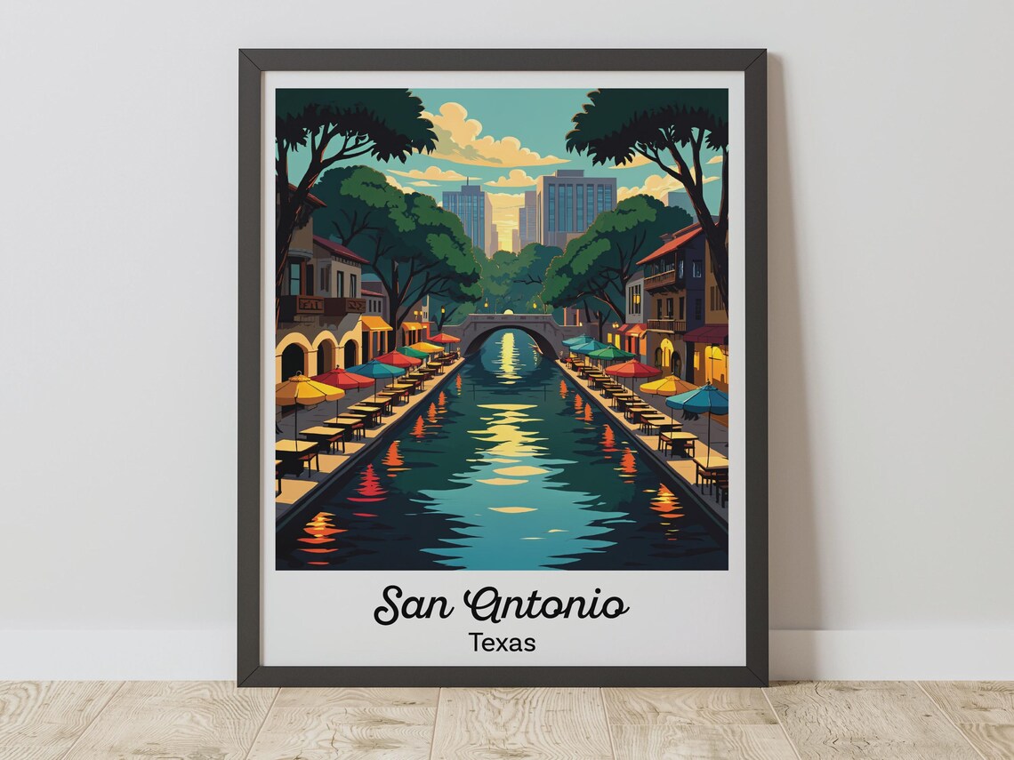 San Antonio River Walk, Vintage Cityscape Travel Poster