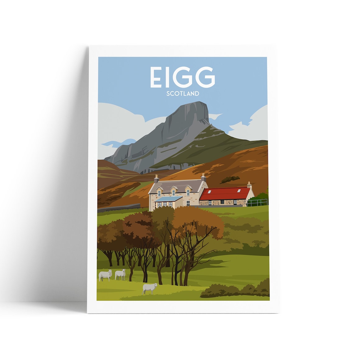 Isle of Eigg Scotland An Sgurr Mountain Sheep Vintage Travel Poster