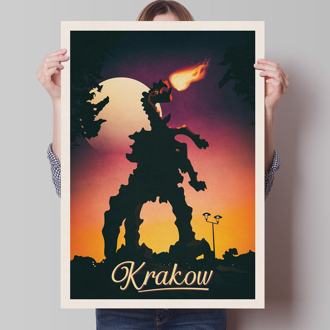 Krakow Travel Poster Smok Wawelski Wawel Dragon Statue Poland Print Art Hill Krakw Minimalist Polish Wall