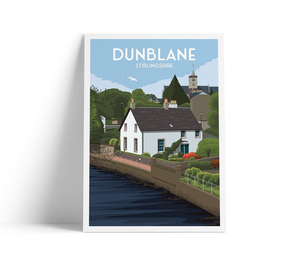Dunblane Stirlingshire Scotland Riverside Cottage Retro Travel Poster