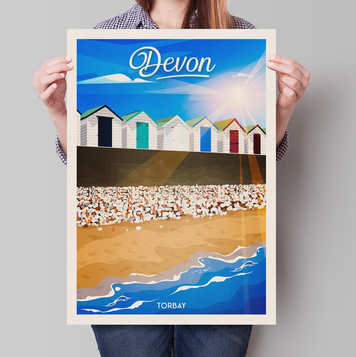 Devon Torbay Beach Huts Sunny Shoreline Retro Style Travel Poster
