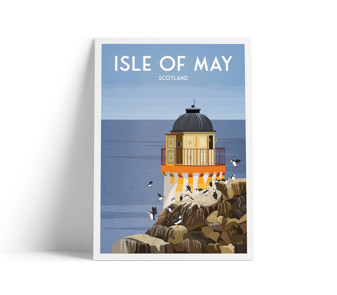 Isle Of May Scotland Lighthouse And Puffins Coastal Travel Poster