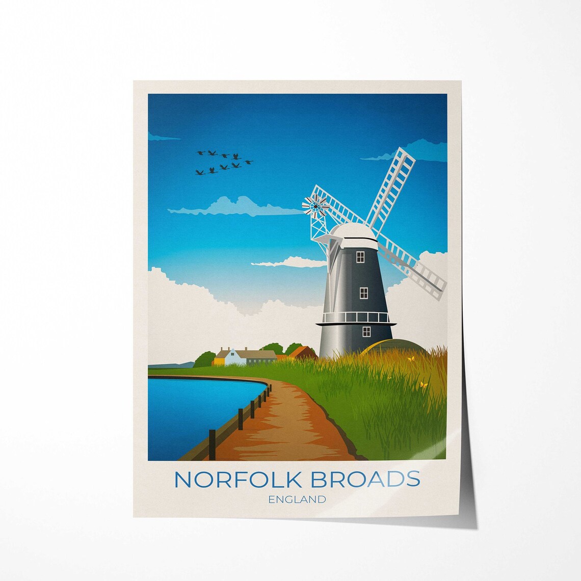 Norfolk Broads England Windmill Riverside Vintage Travel Poster