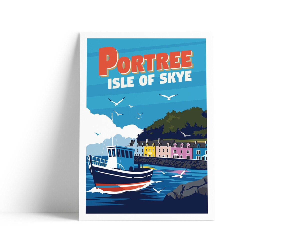 Portree Isle Of Skye Colorful Harbour Boat Retro Travel Poster