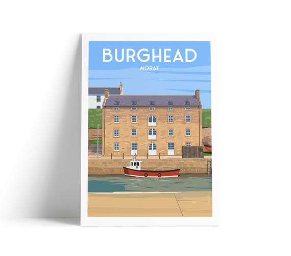 Burghead Harbour Travel Poster Scottish Coastal Wall Art Print Moray Firth Illustration