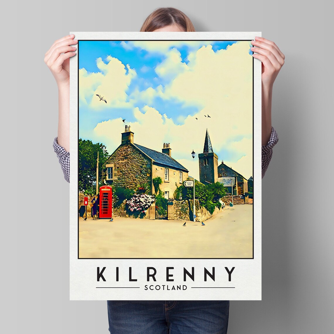 Kilrenny Scotland Village Church Spire Red Phone Box Travel Poster