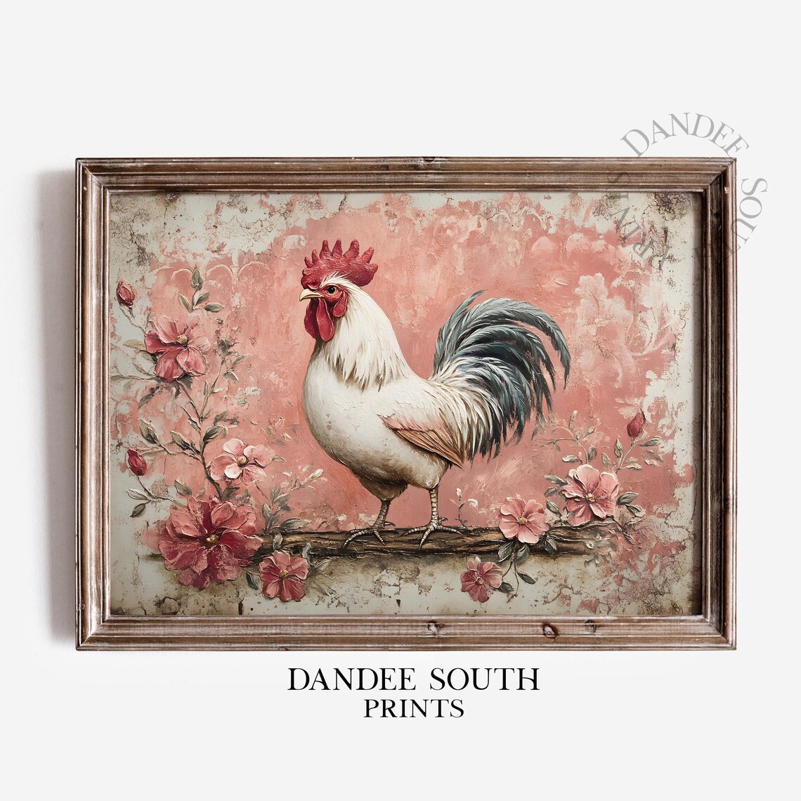 Vintage Rooster with Pink Flowers Blush Farmhouse Art Poster