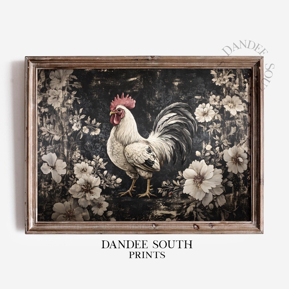 Vintage Rooster Floral Sepia French Farmhouse Rustic Kitchen Poster