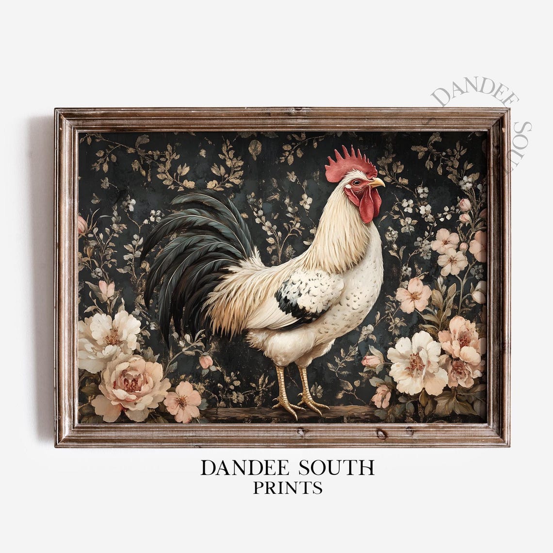 White Rooster Dark Floral Background Farmhouse Kitchen Art Poster