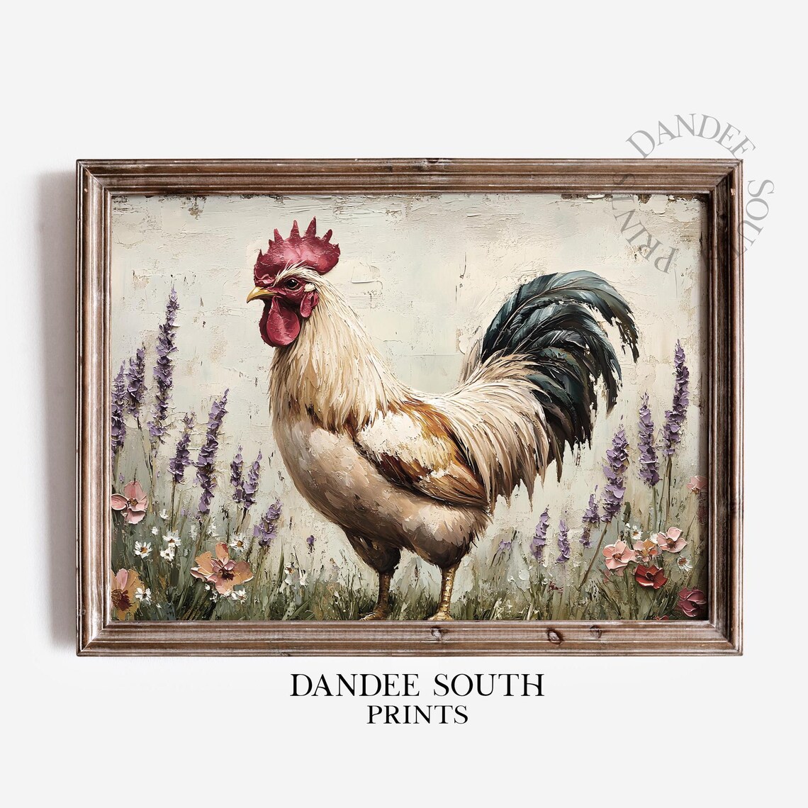 White Rooster Wall Art Vintage Lavender Flower Farmhouse Painting