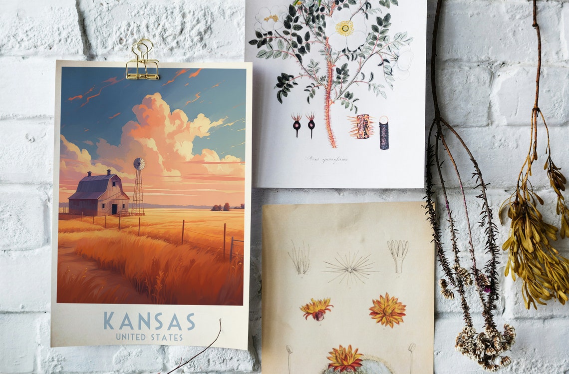 Kansas Golden Wheat Field Barn Windmill Sunset Rural Travel Poster - Image 4