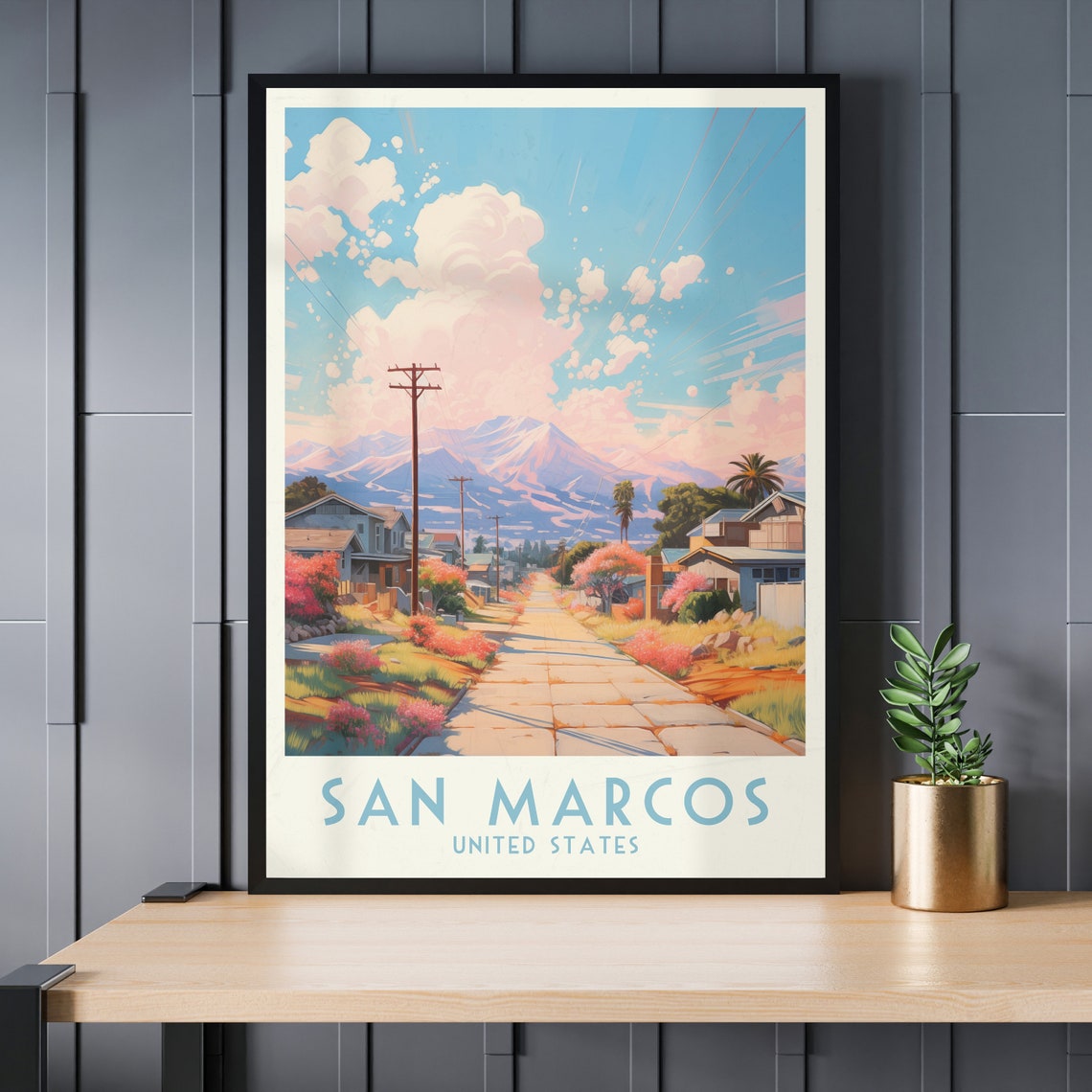 San Marcos Street Mountainside Blossoms Spring Travel Poster - Image 3