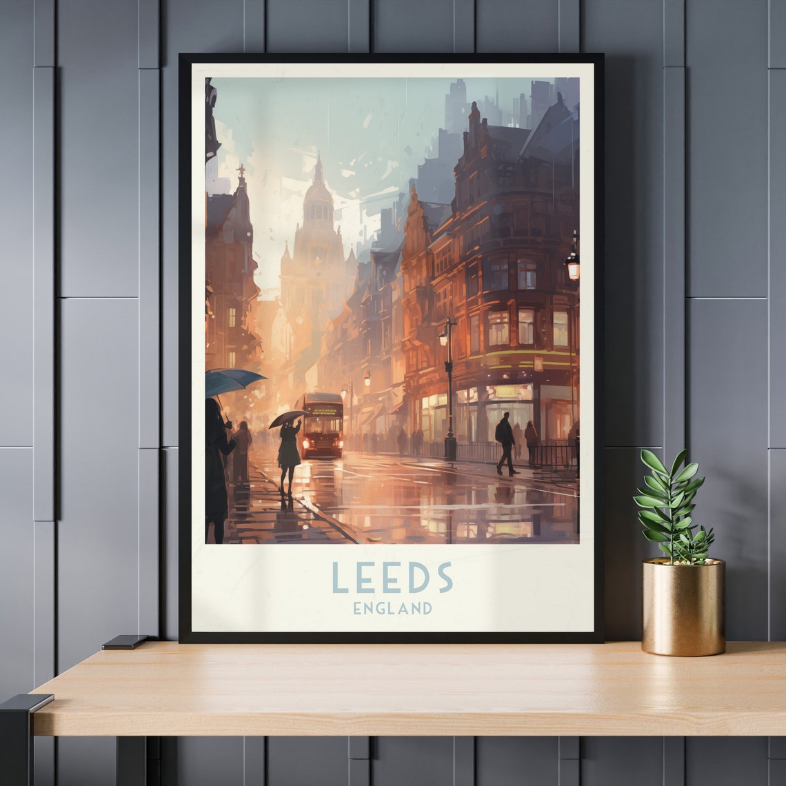 Leeds England Rainy Street Red Bus Golden Evening Travel Poster - Image 3
