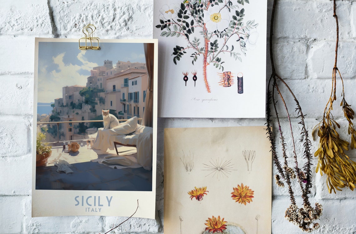 Sicily Italy Sunny Balcony Cat Overlooking Old Town Hillside Poster - Image 4