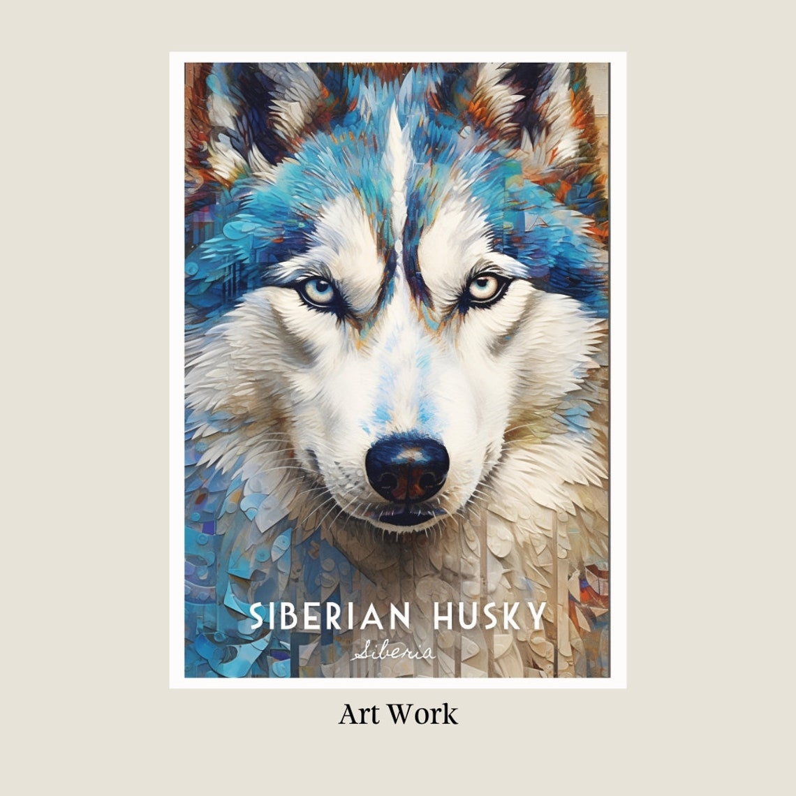 Siberian Husky Striking Blue Mosaic Dog Breed Portrait Poster - Image 2