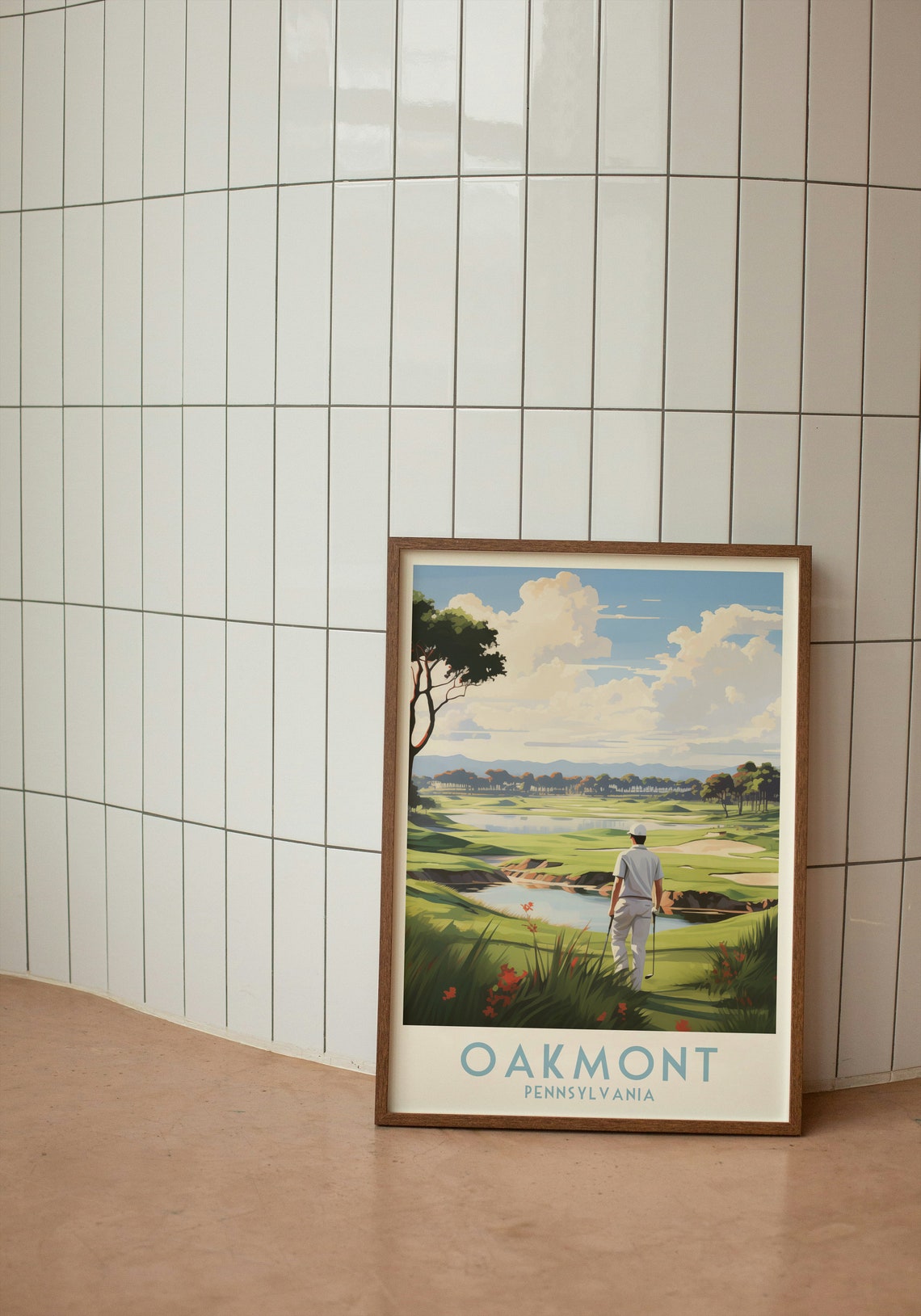 Oakmont Pennsylvania Golfer at Sunset by Water Golf Art Poster - Image 2