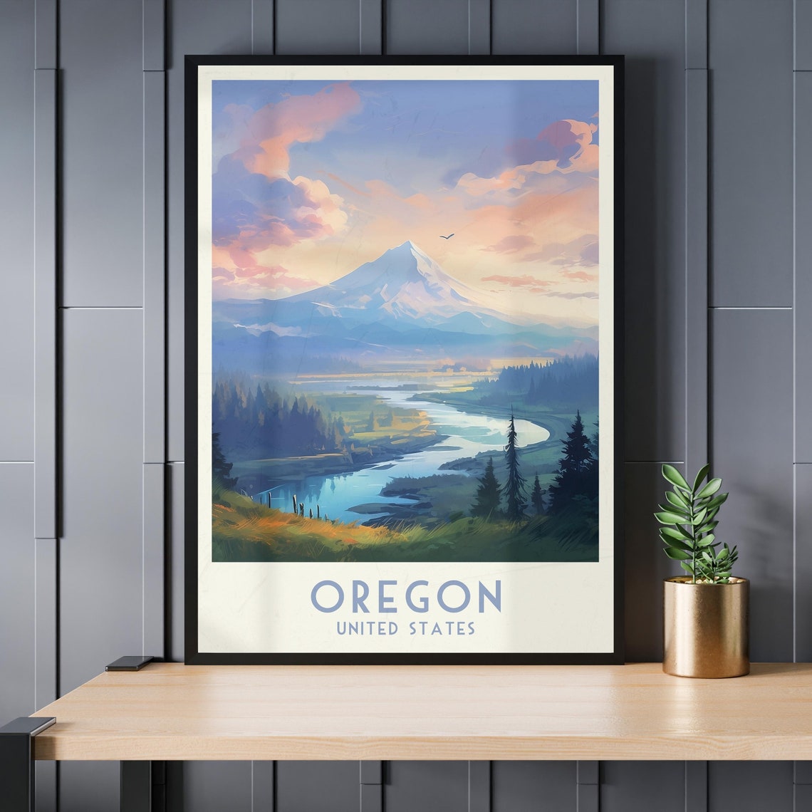 Oregon United States Snowy Peak River Valley Dawn Travel Poster - Image 3