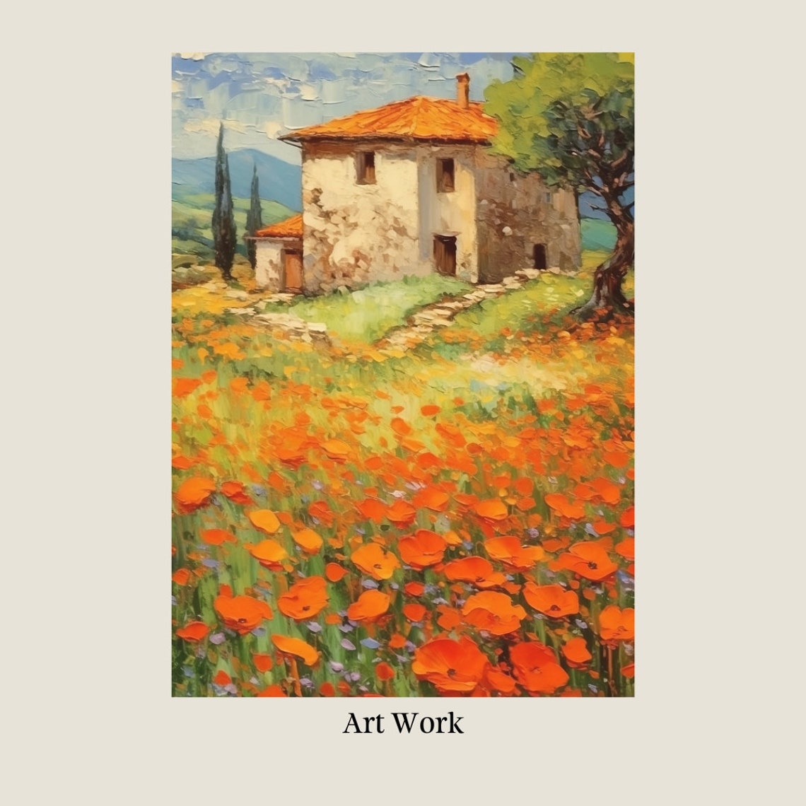 Rustic Stone Farmhouse Orange Poppy Field Country Landscape Poster - Image 2