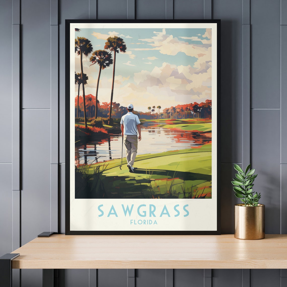 Sawgrass Florida Golfer by Water Palm Trees Sunset Golf Poster - Image 4