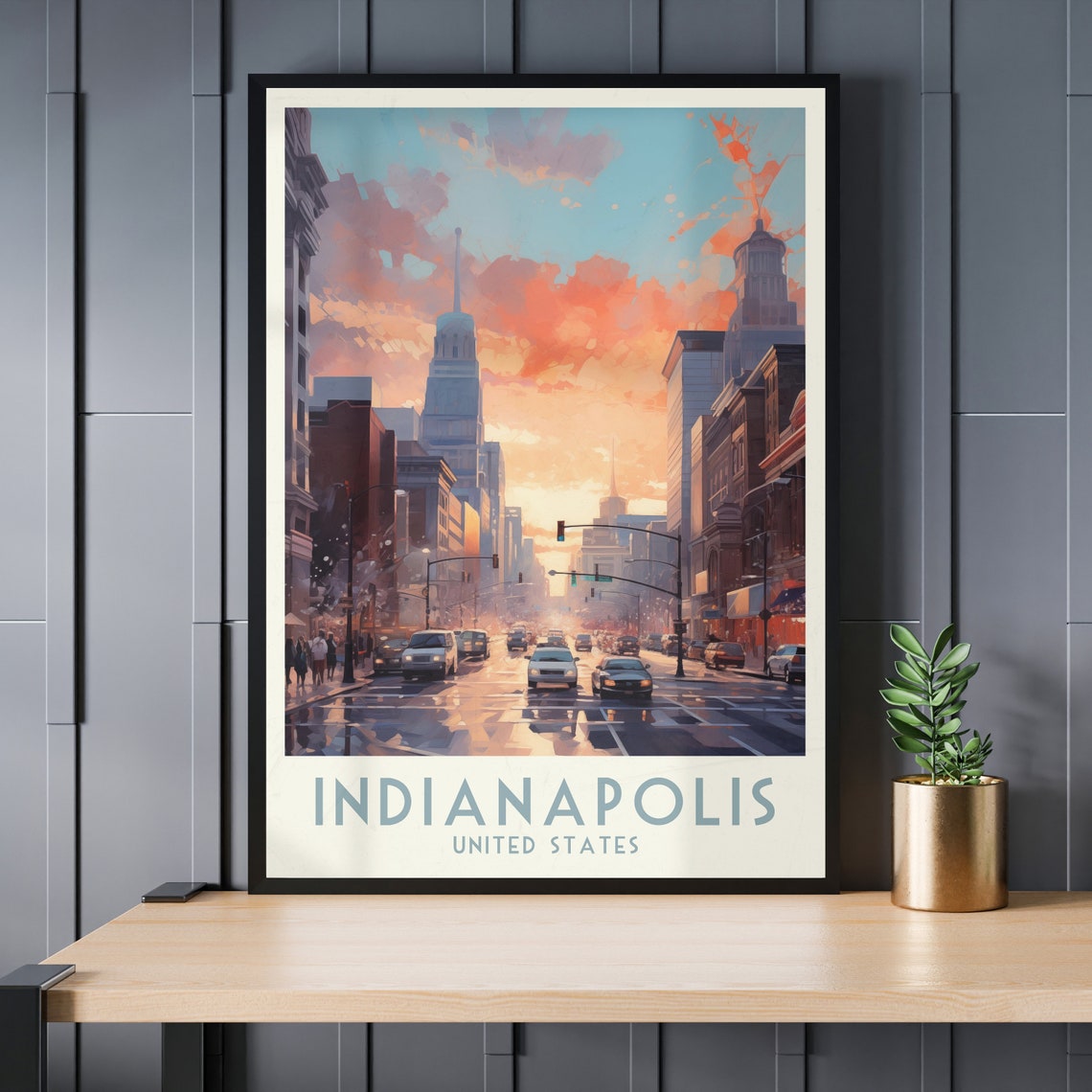Indianapolis Downtown Street Sunset Urban Skyline Travel Poster - Image 3