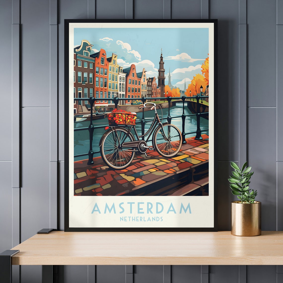 Amsterdam Canal Bicycle Autumn Vintage Netherlands Travel Poster - Image 3