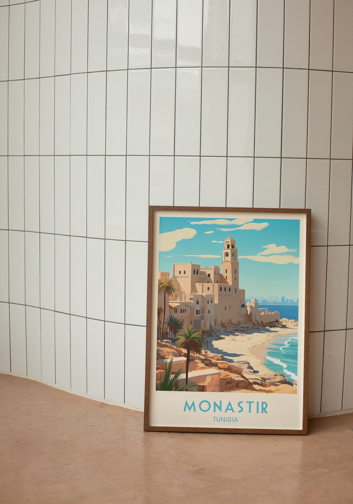 Monastir Tunisia Coastal Fortress Golden Beach Retro Travel Poster - Image 3