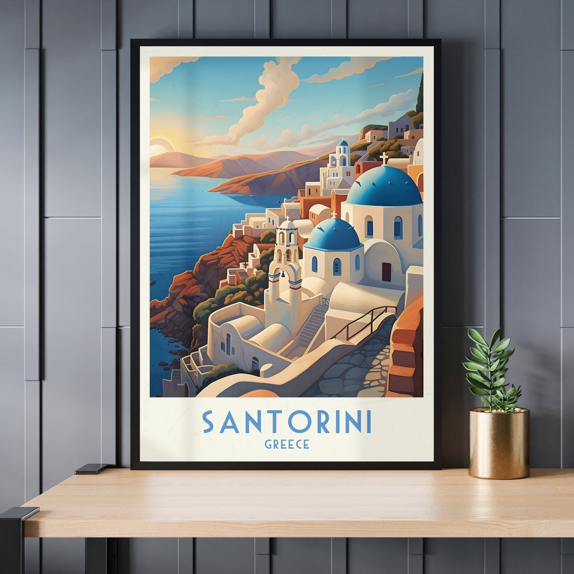 Santorini Blue Domes Oia Sunset Caldera Vintage Greece Travel Poster - Image 3