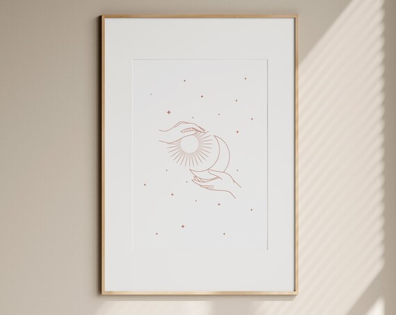 Hands Holding Sun And Crescent Moon Line Art Celestial Wall Art