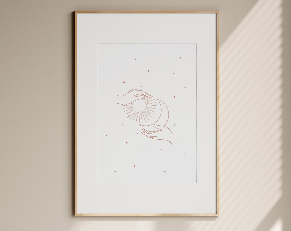 Hands Holding Sun And Crescent Moon Line Art Celestial Wall Art
