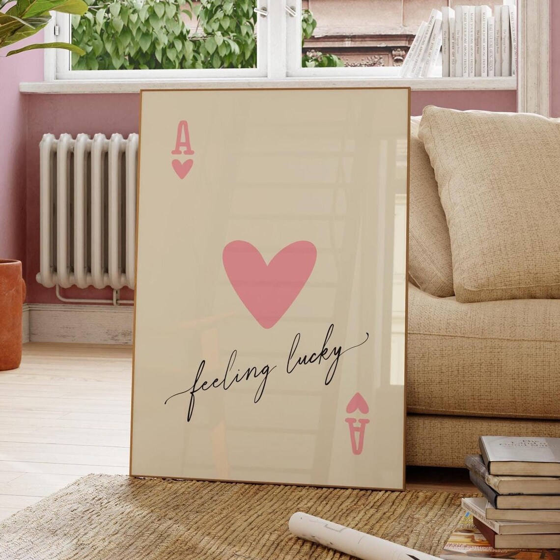 Ace of Hearts Feeling Lucky Pink Heart Cream Card Art Poster