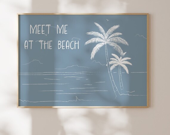 Meet Me at the Beach Palm Tree Line Art on Dusty Blue Poster