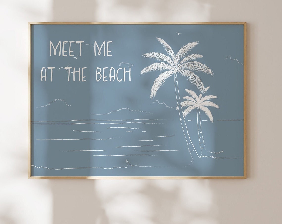 Meet Me at the Beach Palm Tree Line Art on Dusty Blue Poster