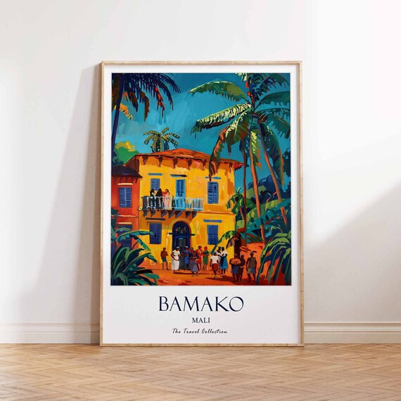 Bamako Mali Colorful Colonial Building Palm Trees Africa Travel Poster