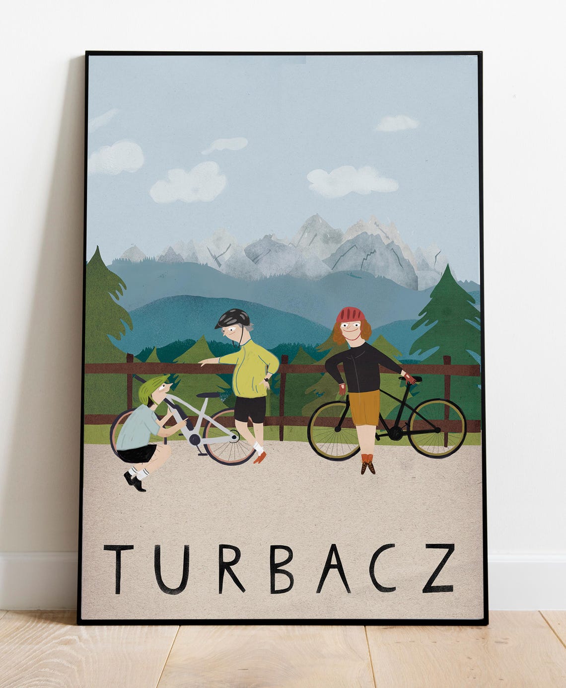 Turbacz Mountain Cyclists Repairing Bike Scenic Folk Travel Poster - Image 2
