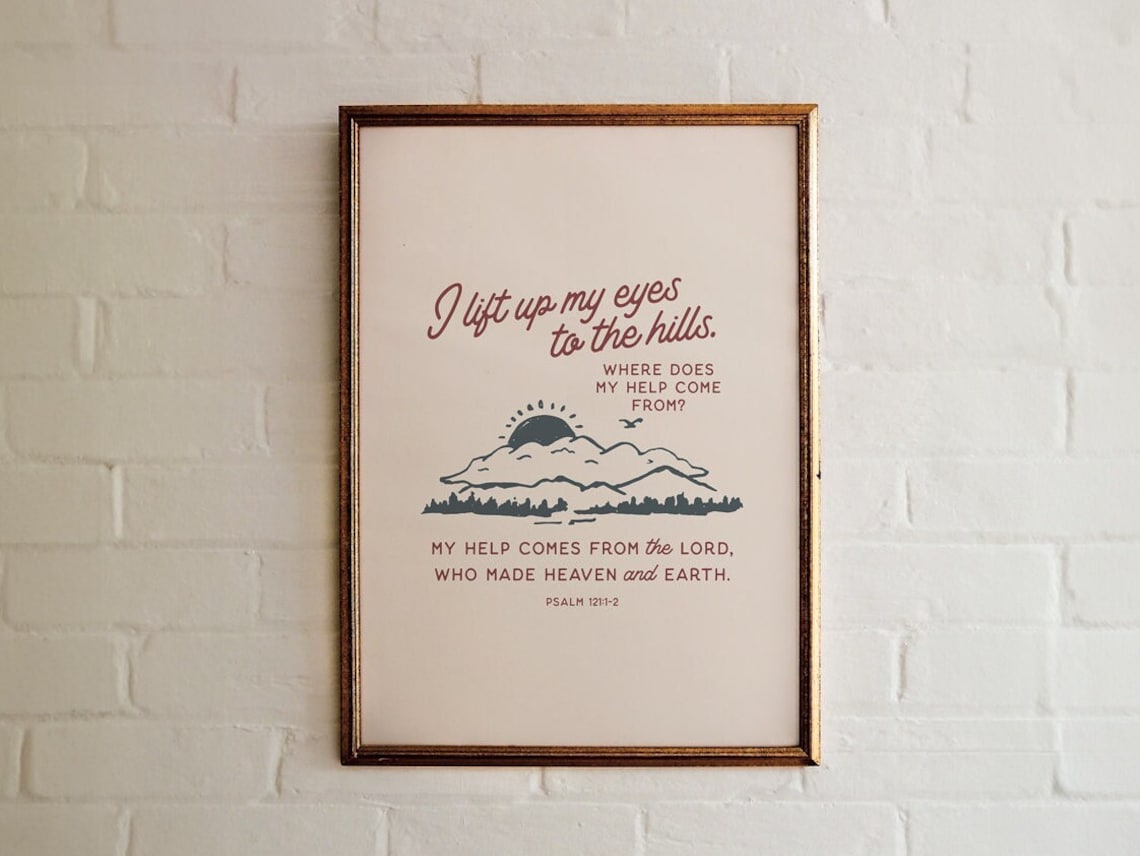 Psalm 121 Vintage Retro Mountain Sketch Art Print