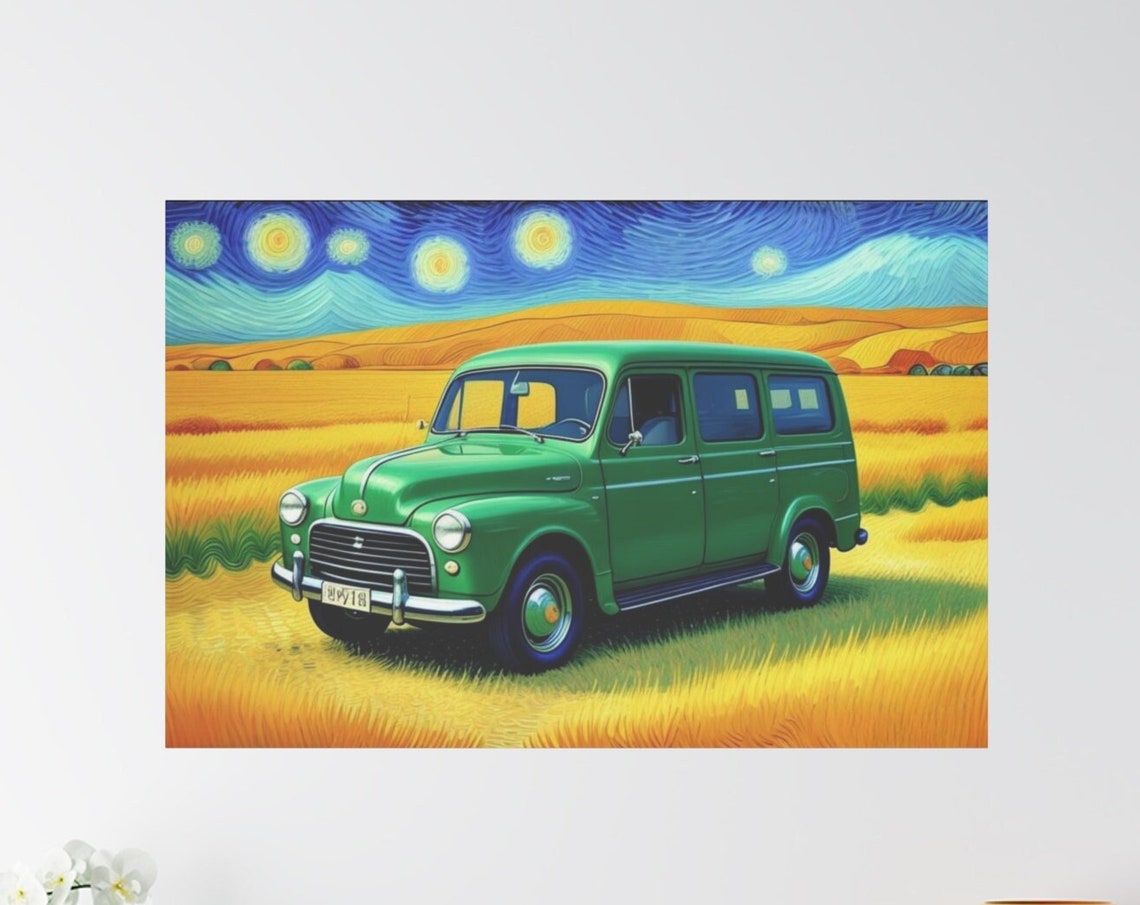 Vintage Green Car Art Starry Night Inspired Wall Art Van Gogh Style Painting Retro Green Van Yellow Landscape Gift - Image 4