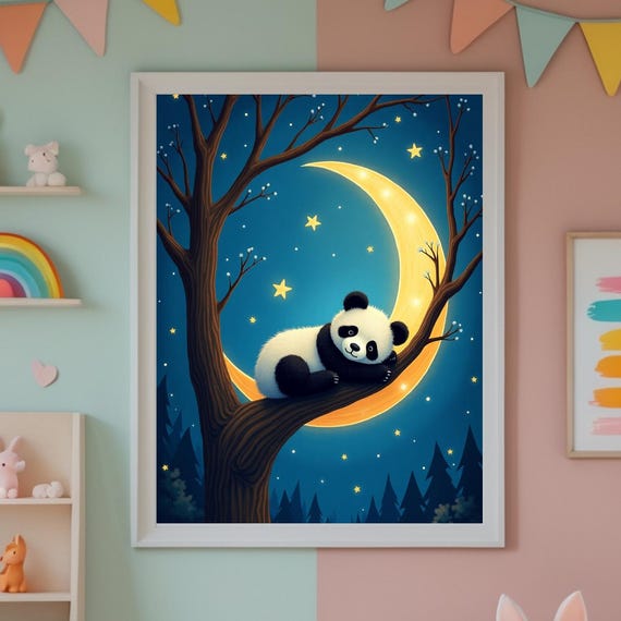 Nursery Wall Art Cute Panda Moon Print Baby Room Animal Poster Kids Decor