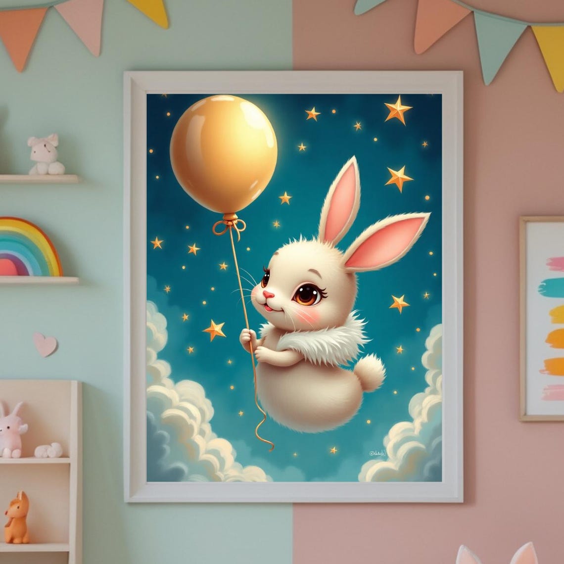Cute Bunny With Balloon, Nursery Decor