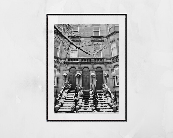 Queens Drive Glasgow Snowy Tenement Black and White Photography Poster