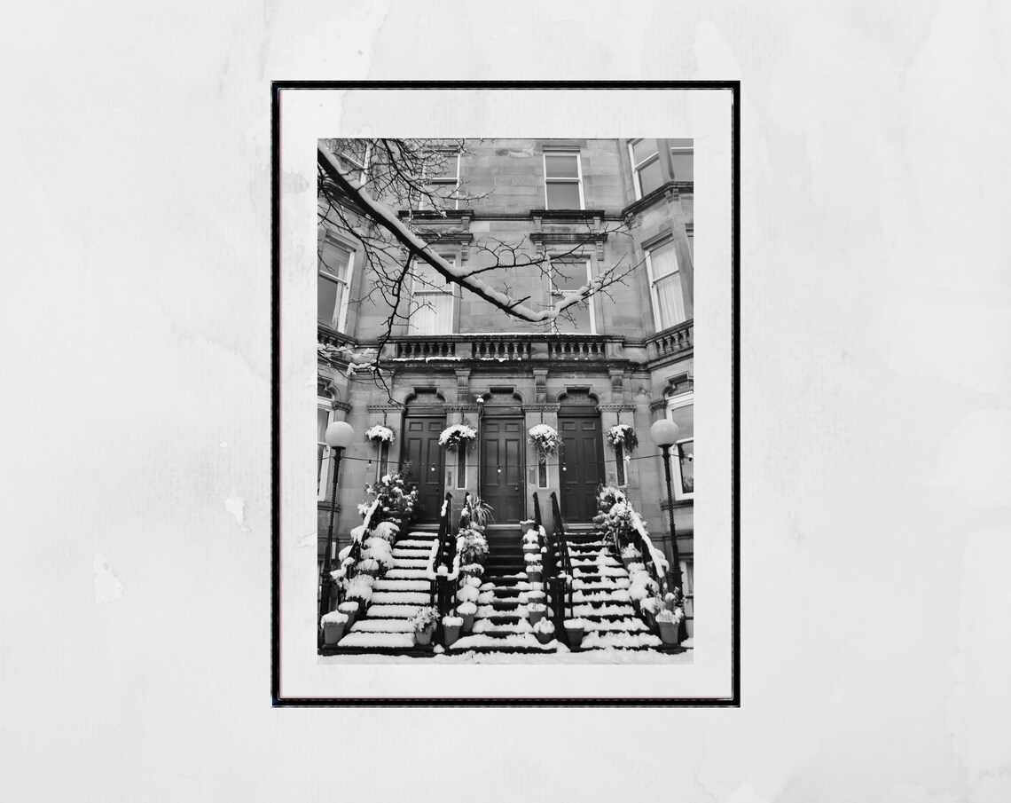Queens Drive Glasgow Snowy Tenement Black and White Photography Poster