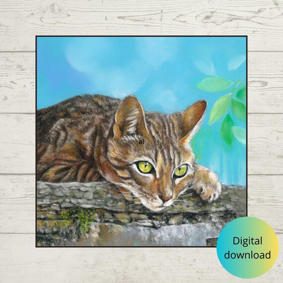 Brown Tabby Cat with Green Eyes Resting on a Stone Wall Poster