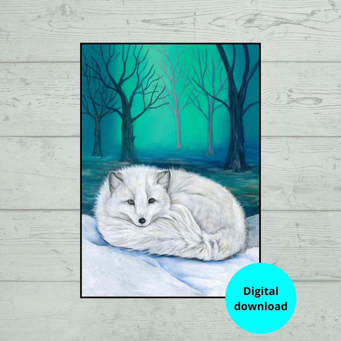 White Fox Curled Up in Snow Under a Teal Night Forest Poster